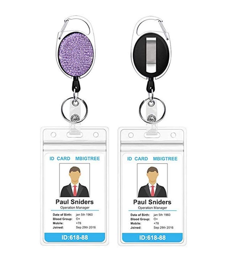 WedFeir Retractable Badge Holders with Rhinestones Crystal, Badge Reel with Belt Clip and Key Ring, 24 inches Thick Kevlar Pull Cord. (4pcs- Silver, Black, Pink and Purple) - Image 2